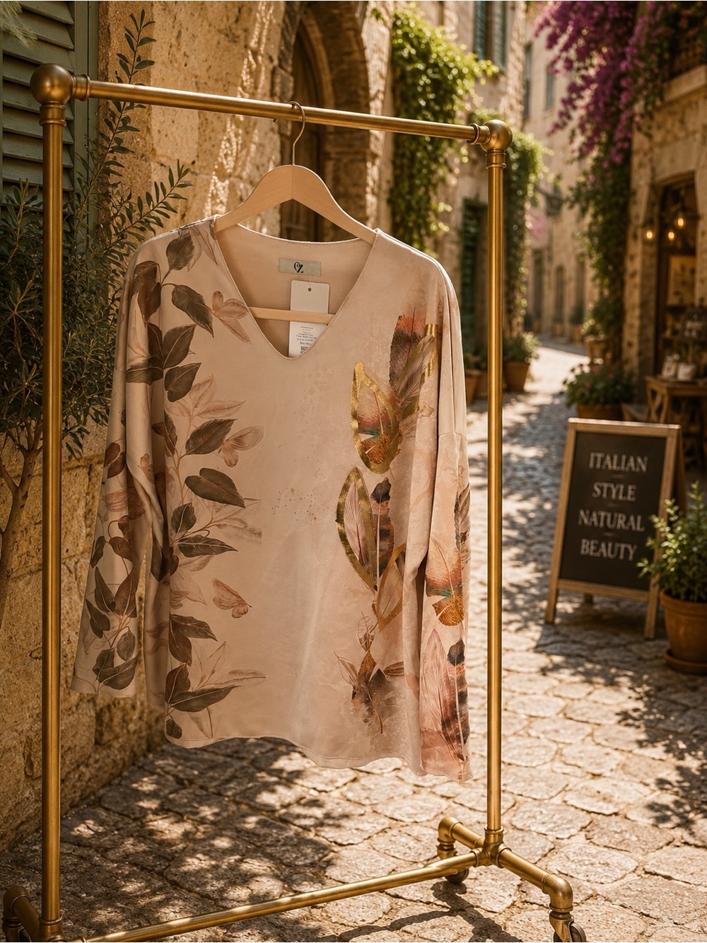 IT013 🇮🇹 Made in Italy Botanical Gold Foil V-Neck Tunic Top – Beige